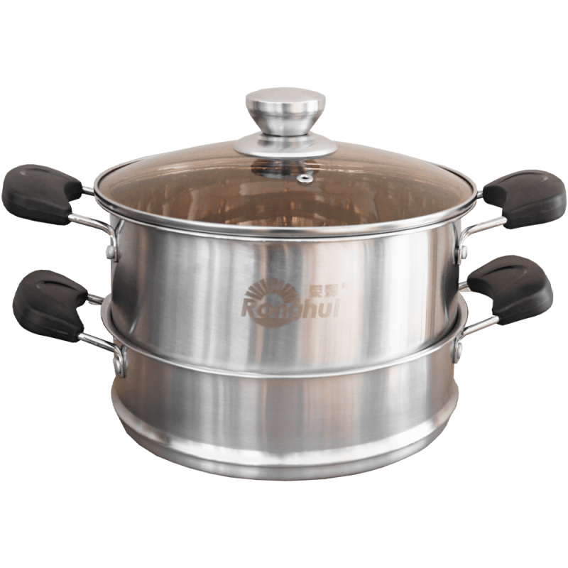 Oala dubla metalica, pentru gatit cu aburi, capac de sticla, 23.8 CM